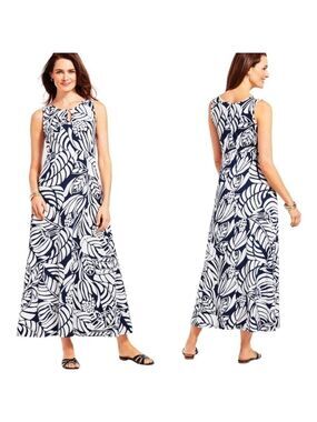 TALBOTS Graphic Botanical Maxi Jersey Knit Dress Back Zipper Black / White Sz M
